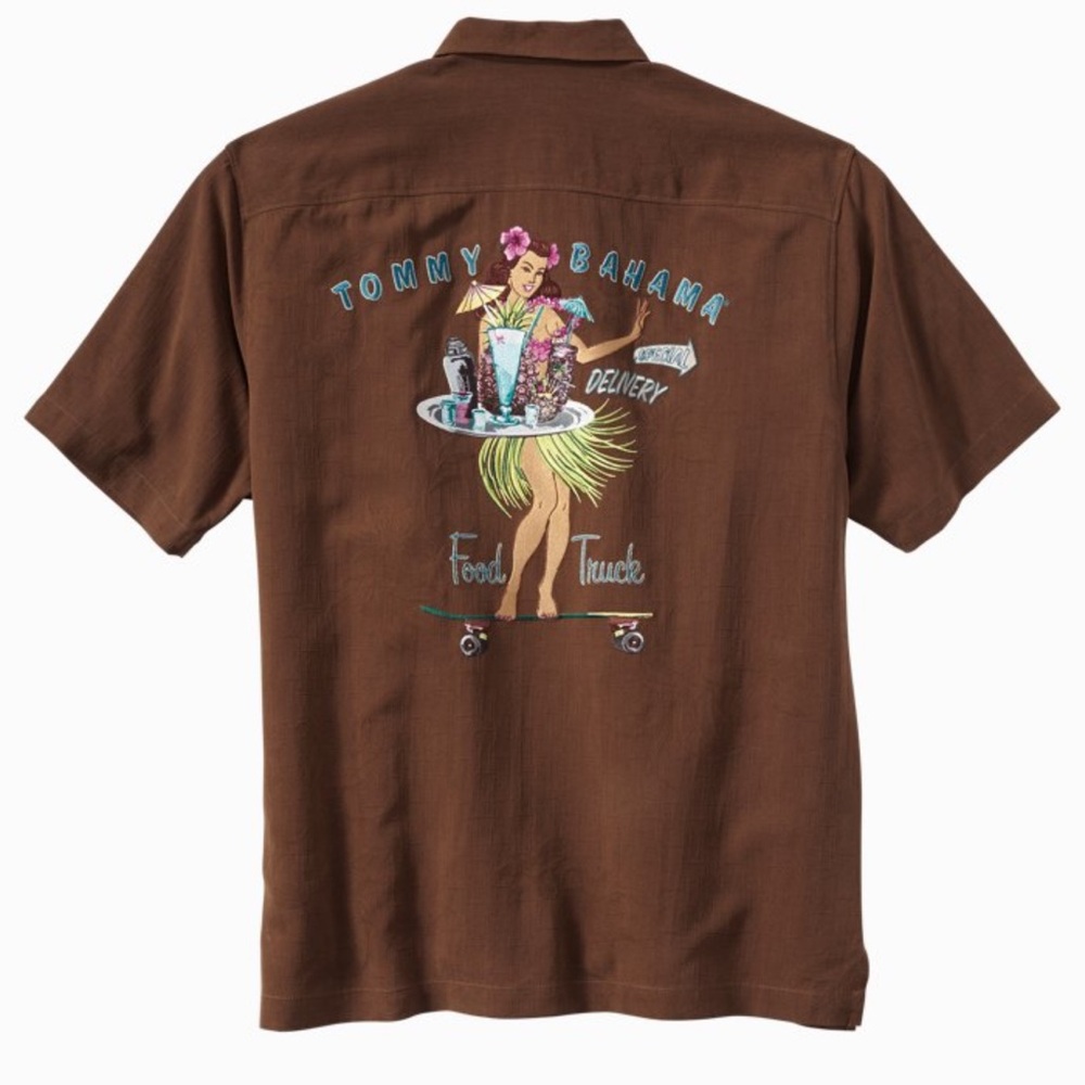 Tommy Bahama Silk “Special Delivery” Food Truck Camp Shirt Hula Girl Hawaiian